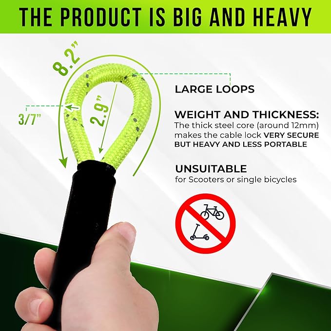 Big & Strong 7/16" Steel Security Cable Lock (7FT/13FT) with Looped Ends Anti-Theft for High-Value Assets, Protection of Motorcycles, Generators, Jobsite Tools, Grills & More