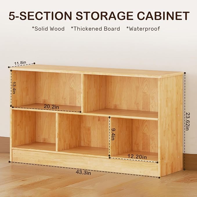 Wingyz Rubber Wood Montessori Bookshelf, 5-Section Wooden Storage Cabinet, 2 Shelf Bookcase Toy Storage Organizer, 43.3"L Montessori Shelf for Kids Rooms Classroom Playroom Nursery Daycare, Child-Safe