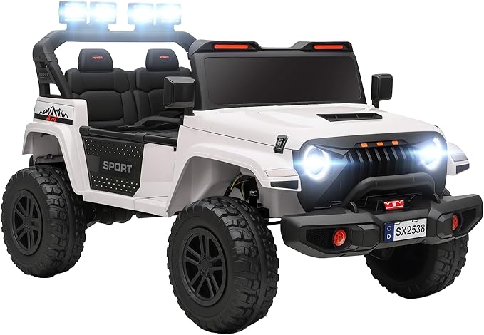 Qaba 24V 2-Seater Kids Ride on Truck Car, 44-50" L Adjustable 4WD Electric Car, 5 MPH Max Speed, Remote Control, Spring Suspension, Storage and LED Lights for Kids Ages 37-95 Months, White