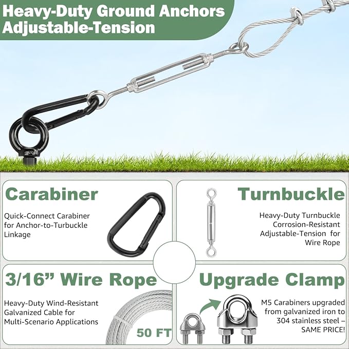 Tinnmao 30 Inch Ground Anchors Heavy Duty, 8 Pcs Screw in Shed Anchor Kit with Galvanized Cable & Turnbuckle, Multi-Use Earth Anchors for Sheds, Trampolines, Gazebo, Swing Sets, Carport