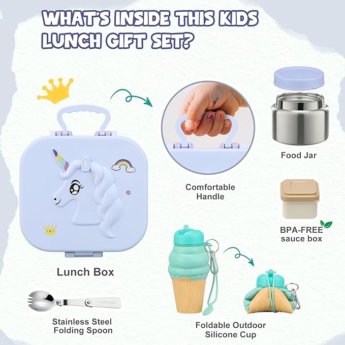 Kids Lunch Box Set -12oz Insulated Food Jar, Thermal Bag,Leakproof Lunch Food Containers Cutlery (BPA Free)-Gift for Girls/Boys Age 3-10(Blue)
