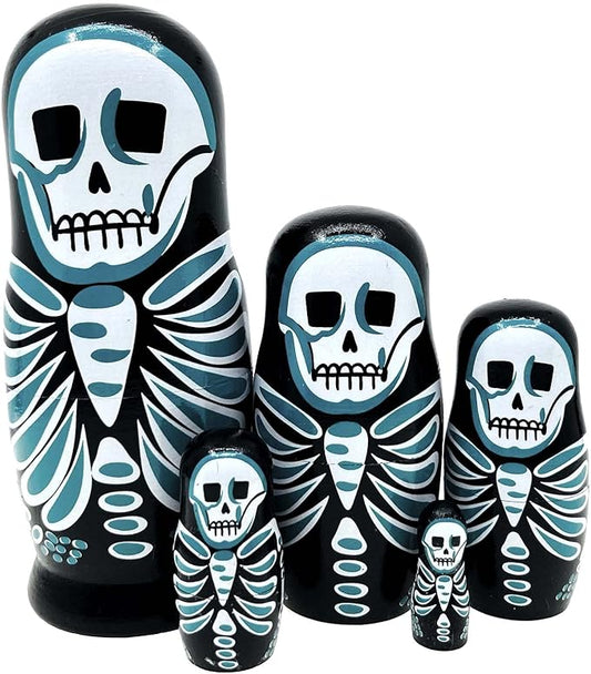 Skull Nesting Dolls Wooden Matryoshka Russian Doll Handmade Stacking Toy Set 5 Pieces for Kids
