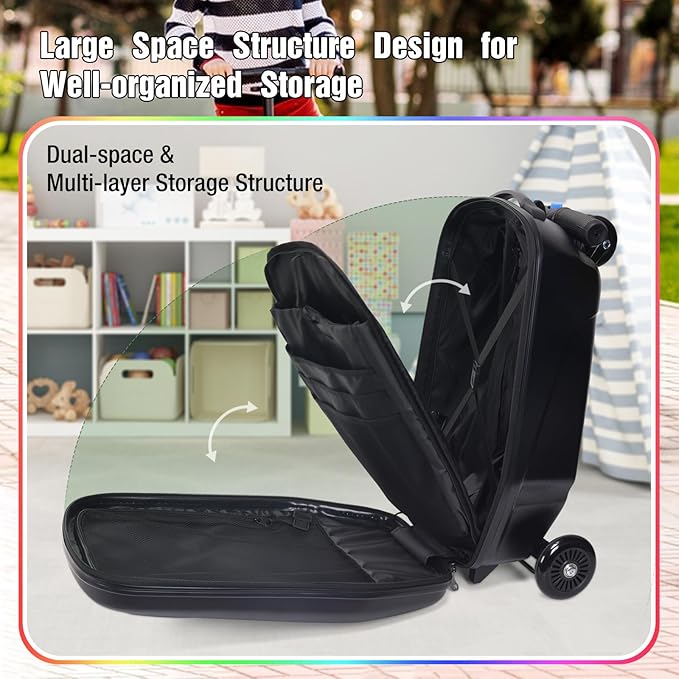 20" Scooter Suitcase for Kids, 2-in-1 Ride On Luggage with Wheels for Boys & Girls Ages 4-15, Foldable Hardshell Carry On Lightweight Travel Suitcase for Airplane