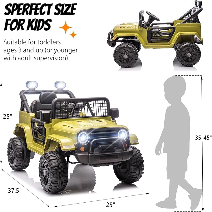 JOYMOR 12V Kids Ride on Truck with Remote Control, 4 Wheels Battery Powered Kids Car, Electric Play Car with LED Lights/Horn/Remote and Manual Control/3-5 MPH Speed/Gift for Girl Boy (Green)