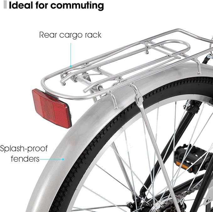 HILAND 26 inch Complete Beach Cruiser Bike for Adults, 7 Speed Step-Through Frame Womens Bicycle with Rear Rack, Retrospec Bike Commuter City Bicycle for Men