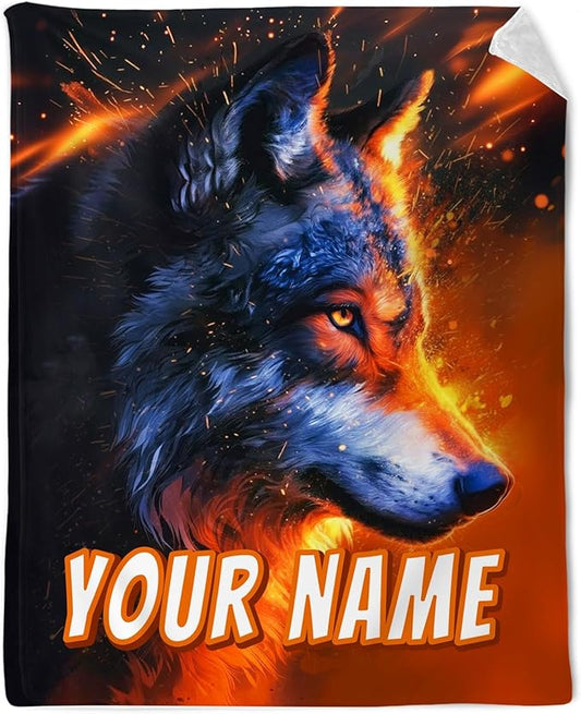 Custom Wolf Blanket for Boys - Wolf Gifts for Kids Flannel Warm Plush Personalized Throws for Decor Home