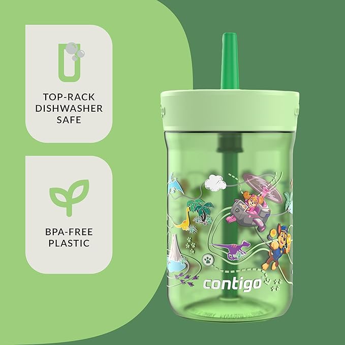 Contigo Kids Leighton Spill-Proof 2-Pack Paw Patrol Tumbler with Straw, 14oz, Power Pups and Dino Treks, Green and Blue