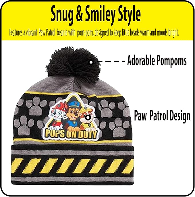 Nicklelodeon Paw Patrol Boy's Winter Hat and 2 Pair of Gloves or Mittens Set (Age 2-7) Size Age 4-7, Paw Patrol Black Glove with Handwarmers