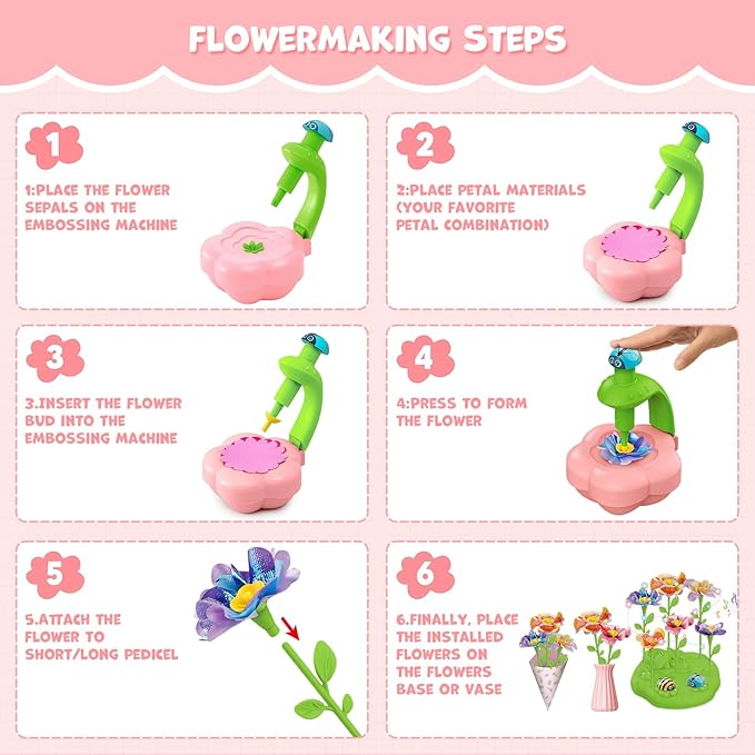 XIKBDU DIY Art Flower Toys, Arts and Crafts Activity Kit for Kids Ages 3-12, Fabric Bouquet Craft with Light&Music for Toddler, Christmas Birthday Gifts for 3 4 5 6 7 8 9 10 11 12 Year Old Girl