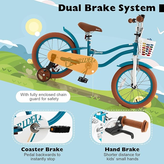 BABY JOY Kids Bike, 12 14 16 18 20 Inch Boys Girls Bike w/Adjustable Seat, Removable Basket, Handbrake & Coaster Brake, Training Wheels or Kickstand, Kids Bicycle with Multi-Color