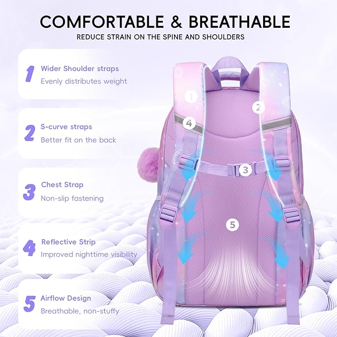 Tanou Backpack with Lunch Box for Girls, Kawaii Set School Bag for Kid Elementary Middle School, Aesthetic Laptop Bookbag Lightweight, Purple