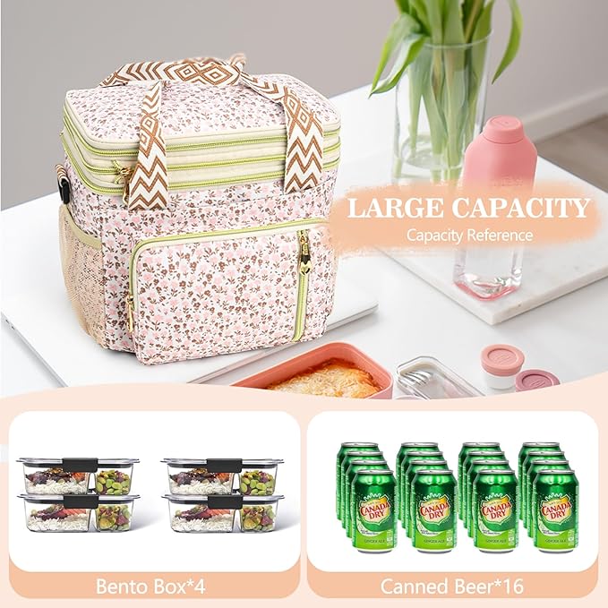 LOKASS Lunch Box for Women-16L-Insulated Lunch Bag Women, Expandable Double-layer Leakproof Cooler Bag with Upgrade Adjustable Shoulder Strap Ideal for Work/Travel/Picnics（White Flower）