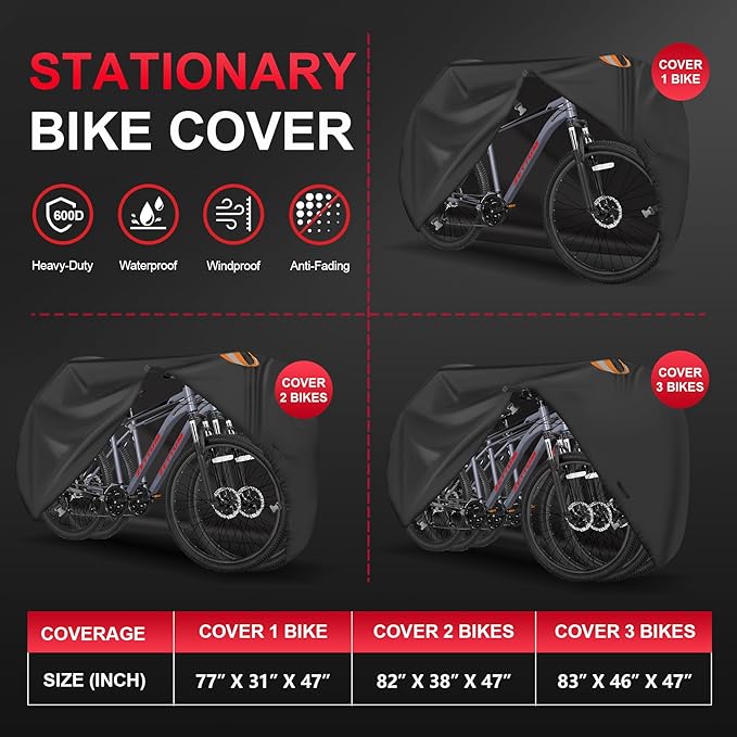 Bike Cover for 3 Bikes - Outdoor Bike Covers for Stationary 3 Bikes Heavy Duty & Waterproof, 600D Bicycle Covers for 3 eBike, Mountain Bike, Road Bike, Hybrid Bike, Beach Cruiser Bike Storage