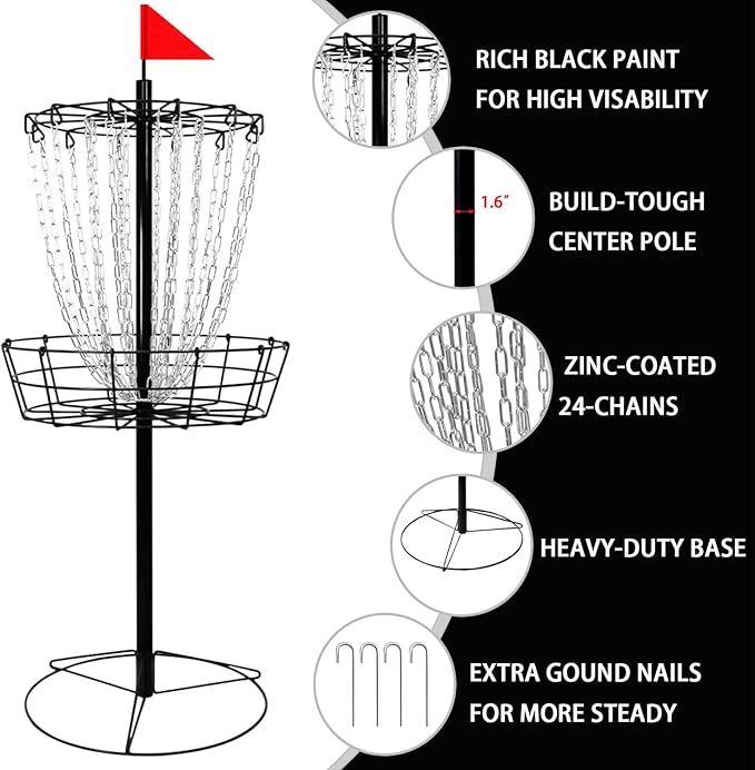 Disc Golf Basket - Portable Disc Golf Target with Heavy Duty 24-Chains Come with 6pcs Disc Golf Discs and Carry Bag, Ground Stake -Suitable for Players of All Levels - Multi Color Available