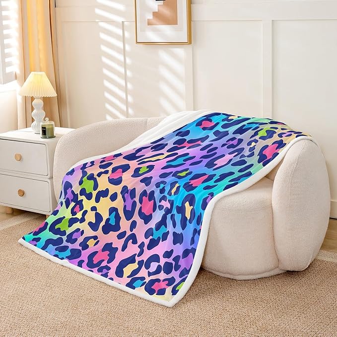 Leopard Print Sherpa Throw Blanket - Africa Cheetah Fleece Rainbow Design Plush Room Decor Safari Animal Pattern Fuzzy for Sofa Bed Couch, 50x60 Inch