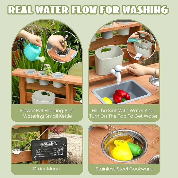 Outdoor Kitchen for Kids,Mud Kitchen Wooden Toy Playset with Kettle, Sink, Wooden Plant Container and Kitchen Accessories, for Children Ages 3+ Years (Green)