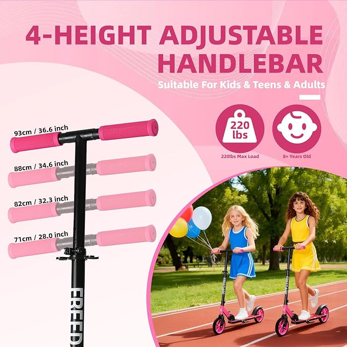 FREEDARE Kick Scooter for Kids & Adults Ages 8+, Foldable Teen Scooter with 2 Big 8-inch Wheels and 4-Level Adjustable Handlebar, Max Load 220 LBS