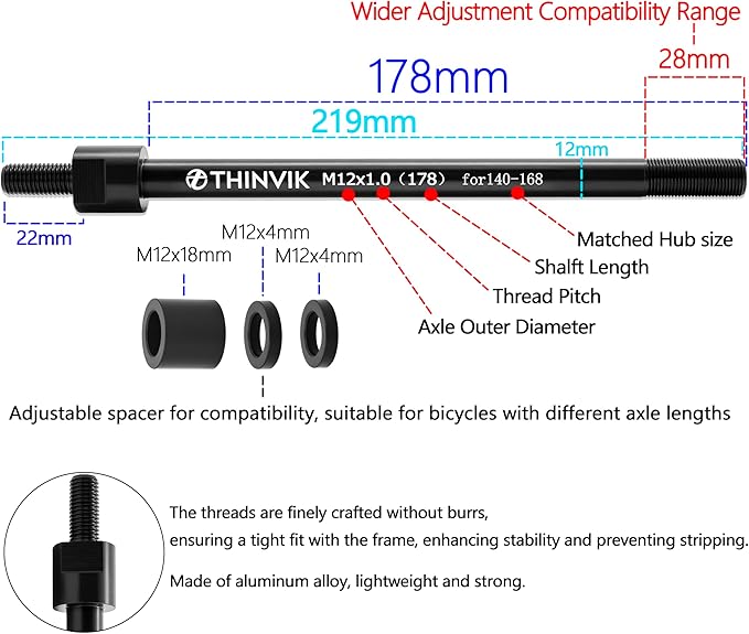 Thinvik Bike Thru Axle Adapter for Trailer Hitch 12mm Thru Axle 1.0/1.5/1.75 Thread Pitch Shaft Length 178/~187mm for Instep, Schwinn, Allen Sports Thule Chariot, Burley, Hamax, Retrospec