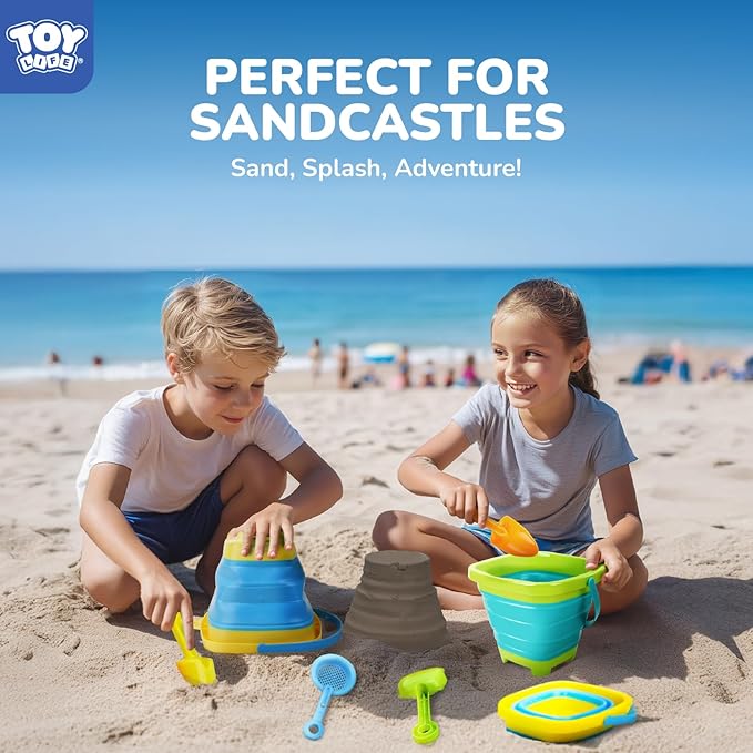 TOY Life Collapsible Beach Toys for Kids with 4 Silicone Collapsible Sand Buckets & 8 Shovels & Mesh Bag, Travel Beach Essentials for Kids Sand Toys Toddlers, Sandbox Toys for Boys Girls Ages 3-5 4-8