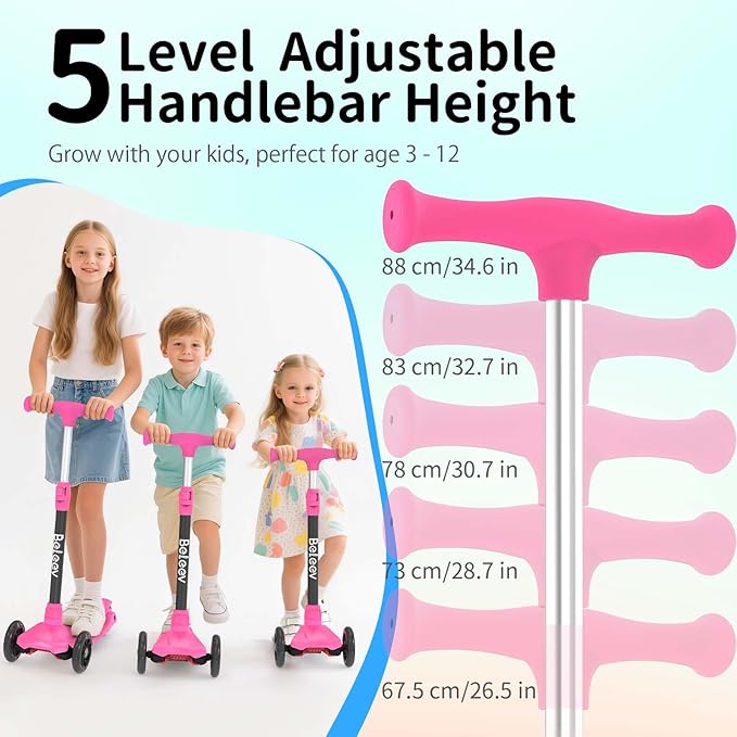 BELEEV Scooters for Kids 3 Wheel Kick Scooter for Toddlers Girls Boys, 4 Adjustable Height, Lean to Steer, Light up Wheels, Extra-Wide Deck, Easy to Assemble for Children Ages 3-12 (Rose Pink)