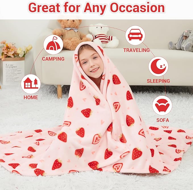 Viviland Kids Throw Blanket, Pink Strawberry Blankets for Kids, Soft Warm Lightweight Plush Throw Blanket Fleece Throw Blanket for Sofa Chair Couch Bed, for Kids, 30" x 40"