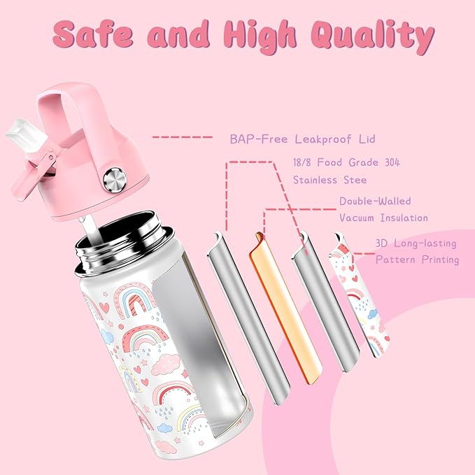 14oz Kids Insulated Water Bottle with Straw Lid - 18/8 Stainless Steel Kid Cup Travel Tumbler Double Wall Vacuum Leak Proof Portable Toddler Water Bottle (Rainbow)
