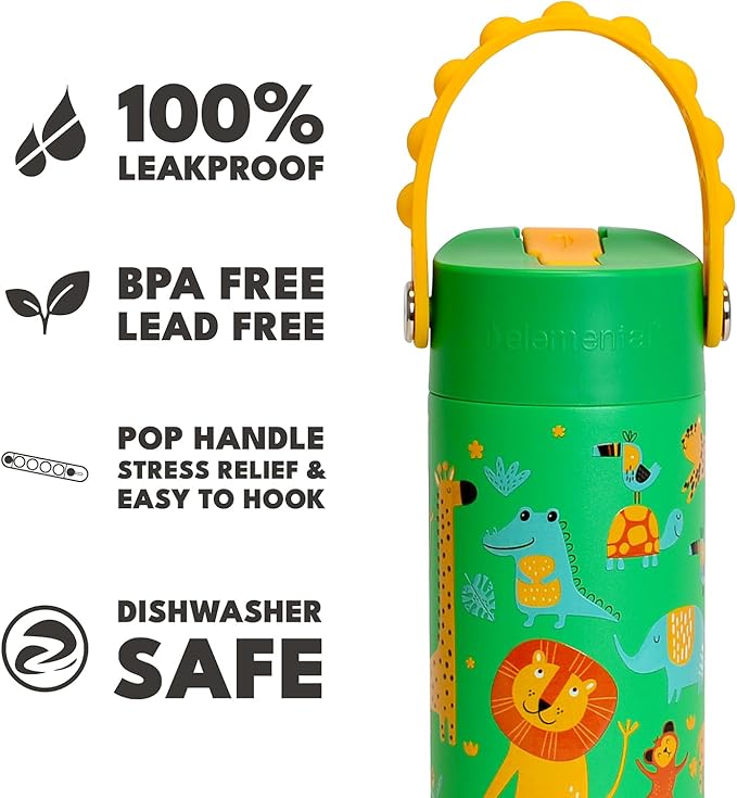 Elemental Insulated Kids Water Bottle, Stainless Steel Water Bottle with Straw Lid & Pop-It Handle, Leak-Proof Water Bottles for School, Boys or Girls, Travelling and Sports, 18oz - Green Jungle