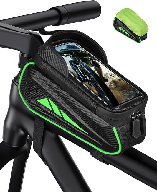 Bike Phone Holder Bag, EVA Waterproof Bicycle Front Frame Bag, Bike Accessories Cycling Pouch with Sensitive TPU Touch-Screen, Bicycle Phone Mount with Rain Cover for Phone under 6.5"(Green, 6.5 inch)