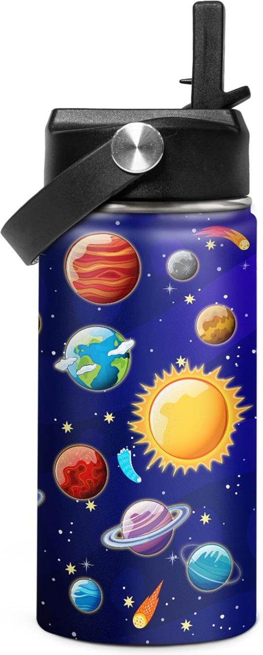 Kids Water Bottle Solar System Water Bottles 12oz with Straw Insulated Stainless Steel Travel School Tumbler Double Wall Vacuum Cup for Girls Kid Boys