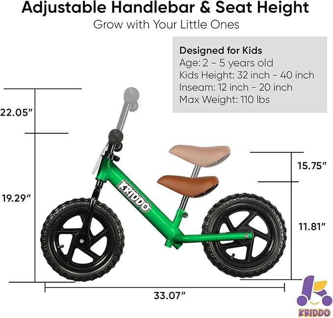 KRIDDO Toddler Balance Bike 2 Year Old, Age 18 Months to 5 Years Old, 12 Inch Push Bicycle with Customize Plate (3 Sets of Stickers Included), Gift Bike for 2-3 Boys Girls, Green