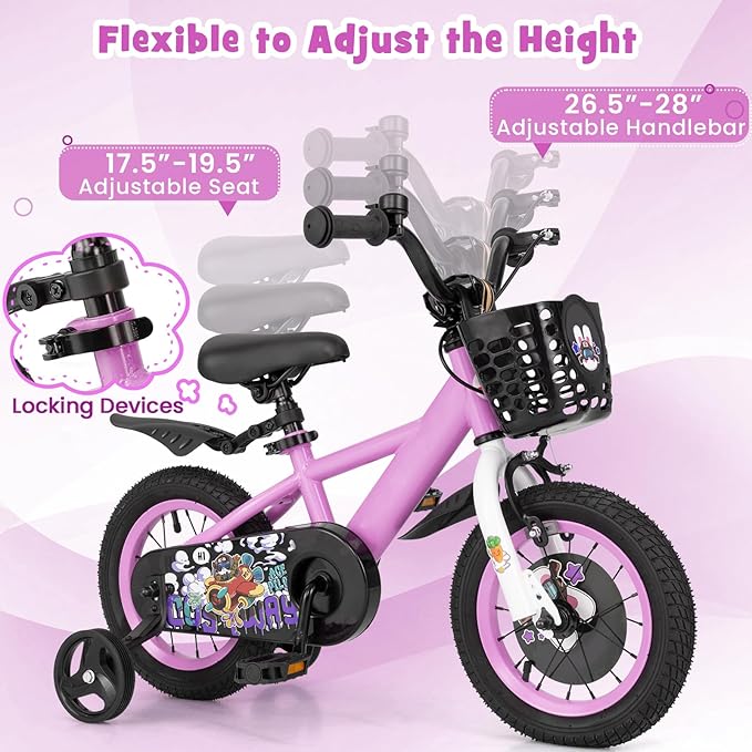 BABY JOY Rabbit Pilot Sporty Kids Bike, 12 14 16 18 Inch Child Bike for 3-8 Years Old with Adjustable Height, Training Wheels, Storage Basket, Handbrake & Coaster Brake, Kids Bicycle for Girls Boys