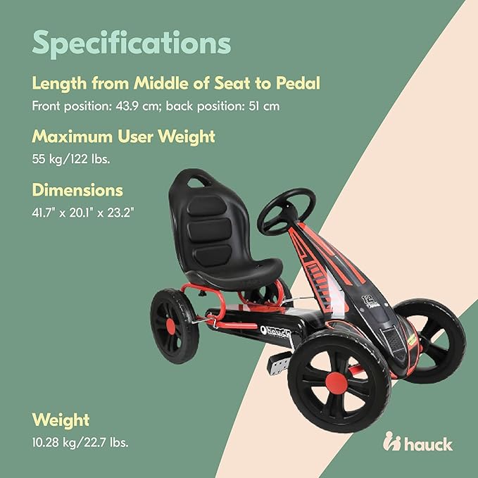 Hauck Cyclone Pedal Go Kart with Adjustable Bucket Seat, 12 Inch EVA Foam Plastic Wheels, Handbrake for Rear Wheels - Ride On Toy for Kids 4-10 years