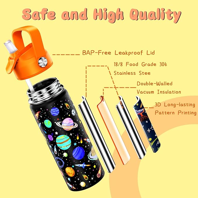 18oz Kids Insulated Water Bottle with Straw Lid - 18/8 Stainless Steel Kid Cup BPA-FREE Travel Tumbler Double Wall Vacuum Leak Proof Portable Toddler Water Bottle (Space)