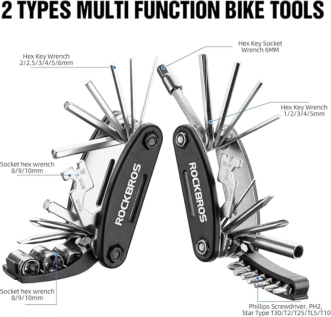 ROCKBROS 16 In 1 Multi-Function Bike Tool Kit - Portable Foldable Bike Multitool Cycling Tool Kit With Allen Wrench, Tire Levers