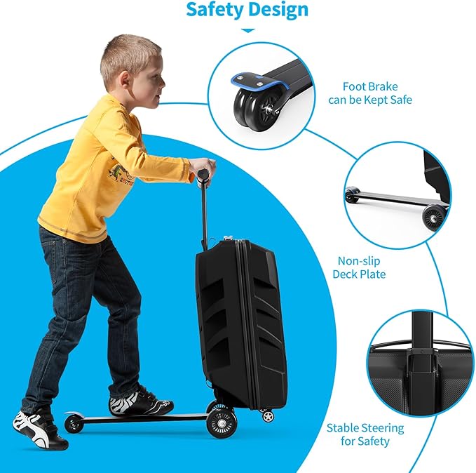 Scooter Suitcase 3-D Hardshell Ride Scooter Luggage for Kids Age 7-15, Cute Lightweight Kids Luggage with Wheels, Girls&Boys Multifunctional Ride On Travel Trolley Scooter Combo-Black