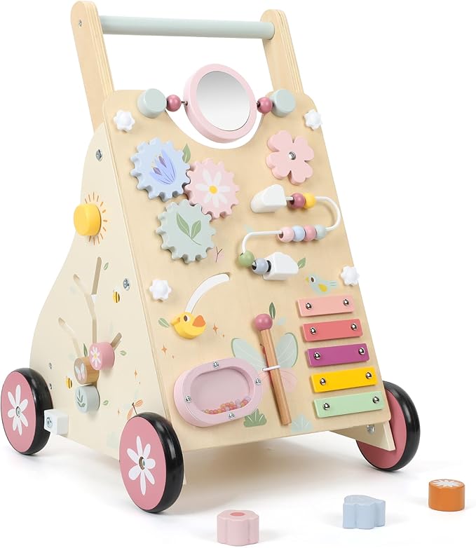 Wooden Baby Walker, Baby Push Walker, Push Walker Toys for Babies Learning to Walk & Sit-to-Stand, with Montessori Sensory Toy & Activity Center for Girls Boys