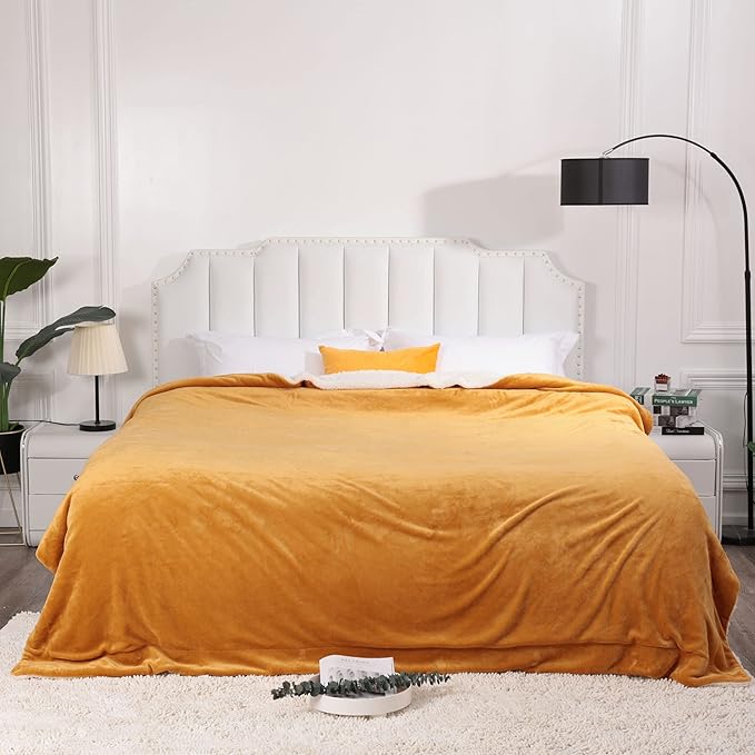 NANPIPER King Size Sherpa Blanket, Soft Fleece Throw for Bed, Reversible Thick Fuzzy Blanket for Winter (Ginger Yellow, 90x108 inches)