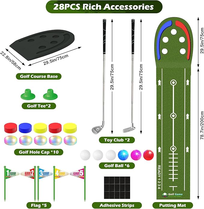 Golf Putting Mat for Kids, Toy Golf Set with Light up Holes, Glowing Balls, Practice Putting Green with 2 Clubs, Golfing Mats Indoor Outdoor, Sport Game Gifts for Kids Teens Family