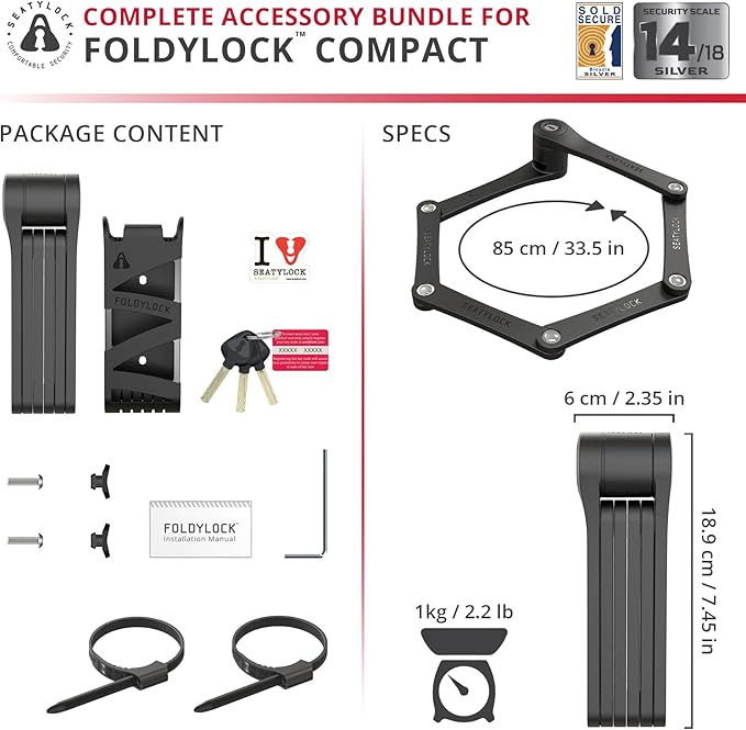 Seatylock FoldyLock Compact Folding Bike Lock - Award Winning Patented Lightweight High Security Bicycle Lock - Heavy Duty Anti Theft Smart Secure Guard with Keys & Case for Bikes or Scooters