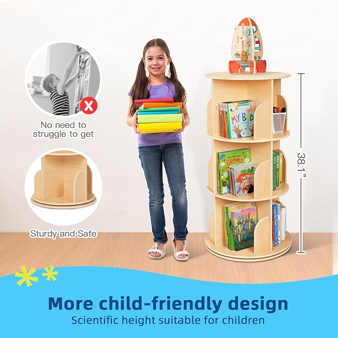 OOOK Kids Rotating Bookshelf Tower, 3 Tier Spinning Floor Standing Montessori Bookshelf Storage Rack, Large Chassis 360 Display for Small Space, Kids Room, Nursery