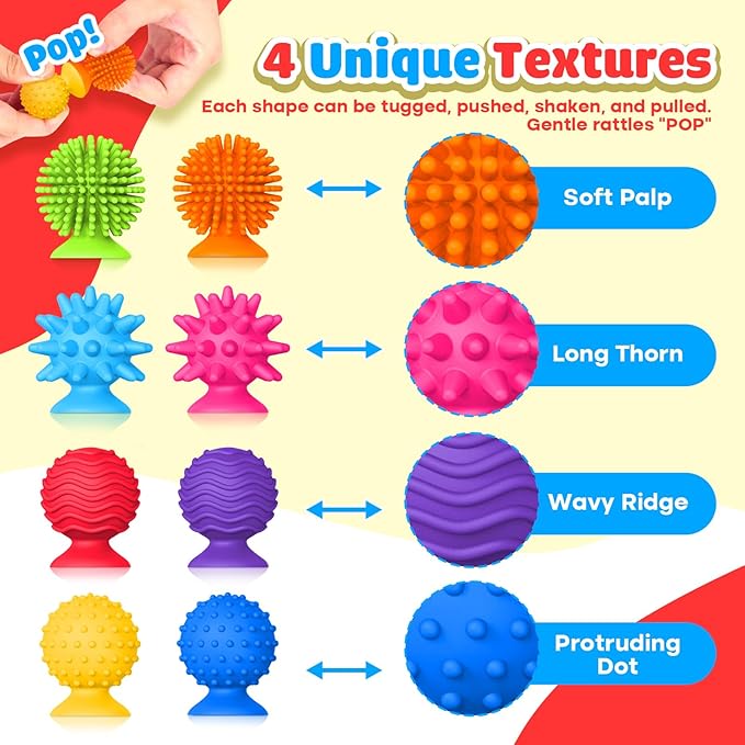 Sensory Fidget Toys for Kids and Adults: Textured Suction Cup Toys for Autism - Squishy Sensory for Classroom Bath - 8 Pack Calm Down Corner Supplies for Boys Teens - Road Trip Activities