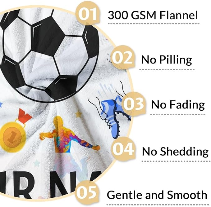Personalized Soccer Blanket for Kids - 30x40 Inches Lap Size - Soft Fuzzy Cozy Throws Gifts for Soccer Players - Colorful Sports Throw Blanket for Couch, Living Room & Office
