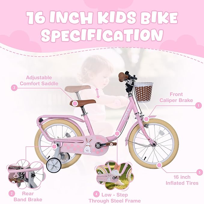 MEGHNA 16 inch Kids Bike Low - Step Through Frame Bike with Detachable Training Wheels Basket Adjustable Seat with Bell C Brake and Band Brake for 4-7 Years Old Child Boys Girls, Easy Ride