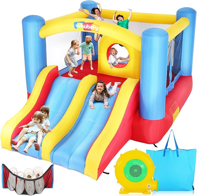 Whubefy Inflatable Bounce House Elevated Double Racing Slide for Kids 3-6 with Jump-Through Hoop Large Blow Up Bouncy Castle Obstacle Course 12.3x8.7x5.8ft w/370W Blower Indoor Outdoor Fun