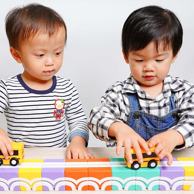 QBI Magnetic Blocks STEM Toys for Toddlers Aged 1+ Year Old Boys & Girls｜3D Colorful Magnetic Building Blocks with School Bus｜Magnet Block for Kids｜Educational & Montessori Preschool Kids Toy (13PCS)