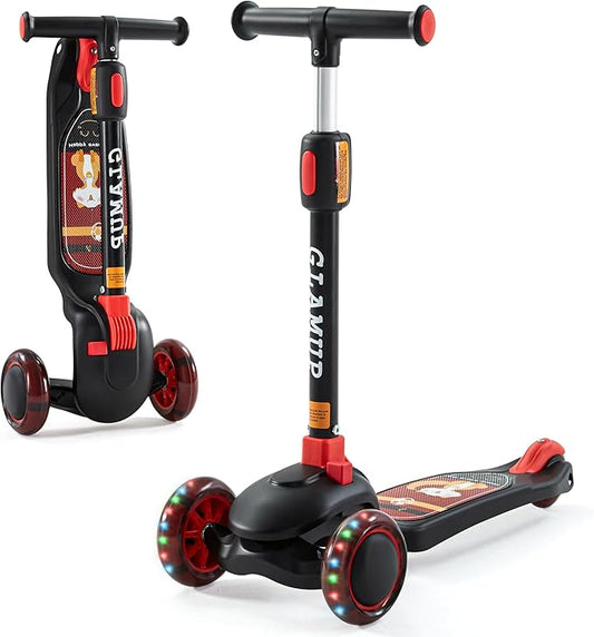 GLAMUP Kids Kick Scooter 3 Wheels, Kids Scooter Height Adjustable Handlebar, Lean-to-Steer System & Easy-Folding Mechanism, Ages 3-14 Boys and Girls