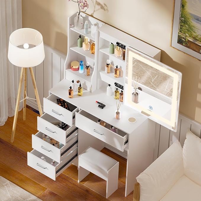 Vanity Desk with Sliding LED Mirror and Lights, Makeup Vanity Desk with Lighted Mirror, 3-Color Adjustable Brightness, USB Port, Drawers, Small White Vanity Set with Stool for Bedroom, Girls & Women