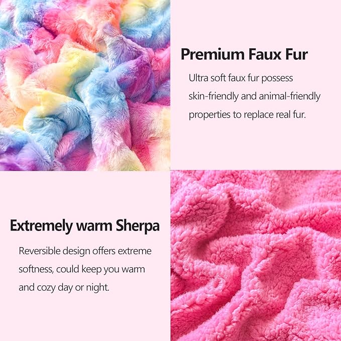NEWCOSPLAY Super Soft Faux Fur Blanket Queen Size Dark Rainbow Sherpa Fuzzy Plush Warm Blanket for Sofa Bed (Dark Rainbow, Queen(90"x90"))
