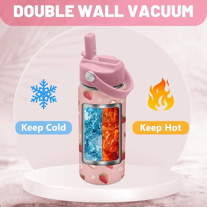 Bunny Gifts for Girls, Cute Water Bottle 16 oz Rabbits Strawberries Water Bottles with Straw Lid, Stainless Steel Insulated Tumbler, Cute Bunny Cup Gifts for Birthday Christmas