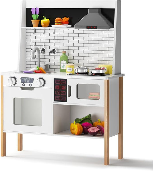 soges Kids Kitchen Playset, Play Kitchen with Realistic Lights & Sounds, Pretend Play Kitchen Wooden Toy Set with Storage Space, Realistic Design Utensils Oven Microwave Sink, Idea Gift for Kids